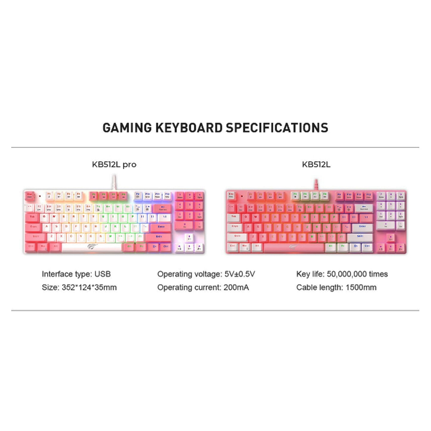 Havit KB512L Pro Mechanical Gaming Keyboard Pink - White (HAVKB512LPRO)