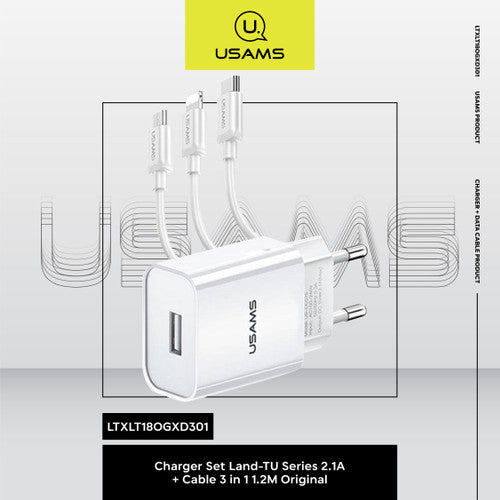 USAMS-LT travel charging set-land tu series (T18 SINGLE USB TRAVEL CHARGER + 3IN1 CHARGING CABLE