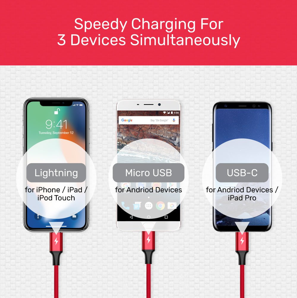 UNITEK 3IN1 Multiple Devices USB Cable Charger 1.2M (C4049RD)