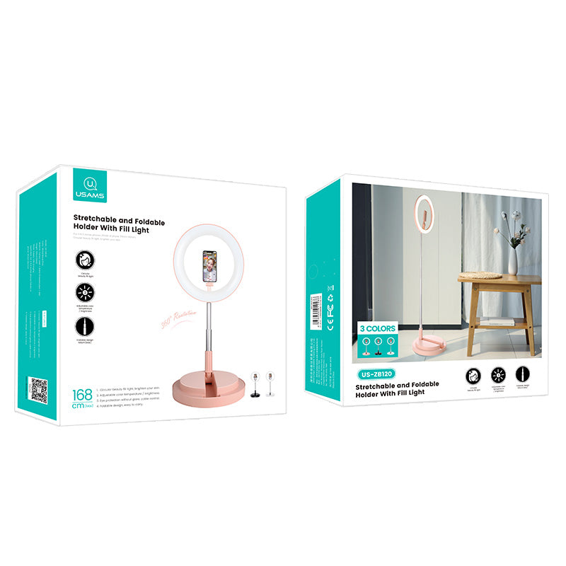 USAMS US-ZB120 LED Ring Fill Light Live Streaming Stretchable and Foldable Fill Light with Holder Supporting Base