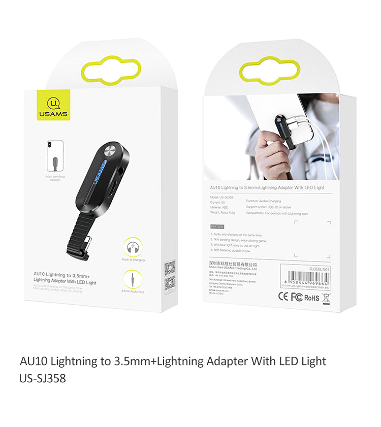 US-SJ358 AU10 Lightning to 3.5mm+Lightning Adapter With LED Light