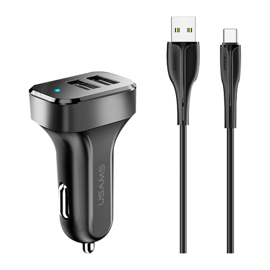 Usams Travel Car Charger Kit King Tu Series (U35 Type-C Data and Charging Cable 1M Black+ C13 2.1A Dual USB Car Charger Black) USAMS-NT