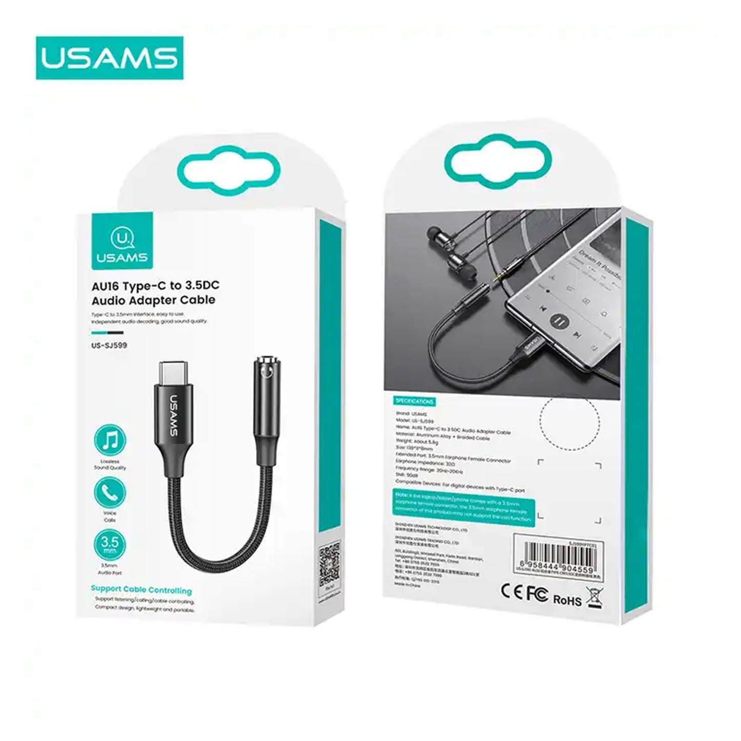 USAMS Type C to 3.5DC Audio Adapter With PD 60W Charging Port Audio Cable