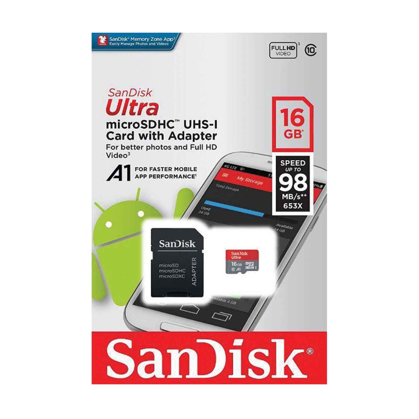 Sandisk 16GB Ultra A1 Micro SDHC-1 Class 10 with Adapter (98mb/s)