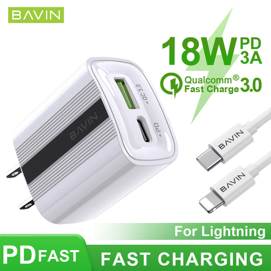BAVIN 20W PD + 3.0 Qualcomm Fast & Portable Wall Charger for Lightning/ Type-C (PC336)