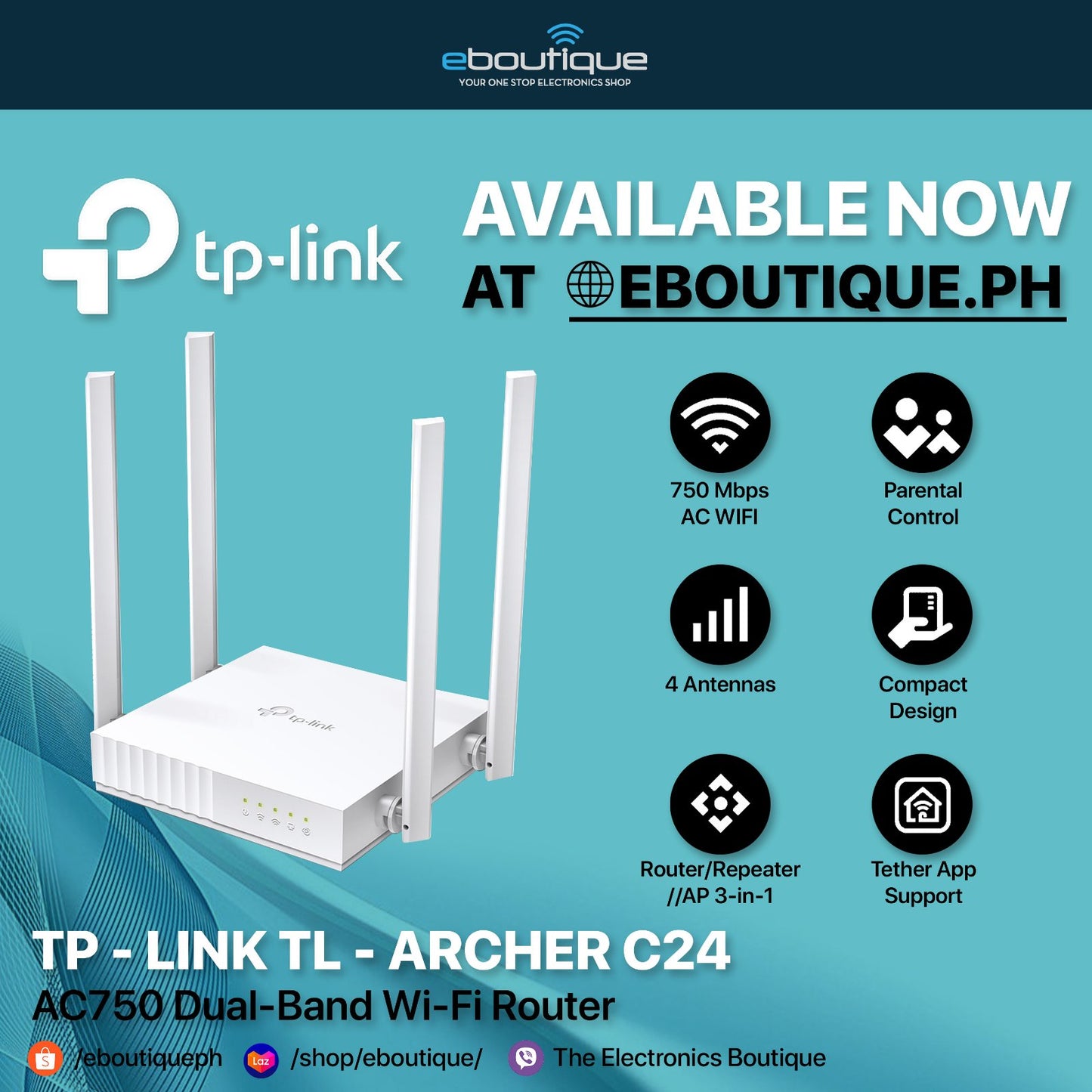 TPLINK ARCHER C24 AC750 DUAL BAND WIFI ROUTER