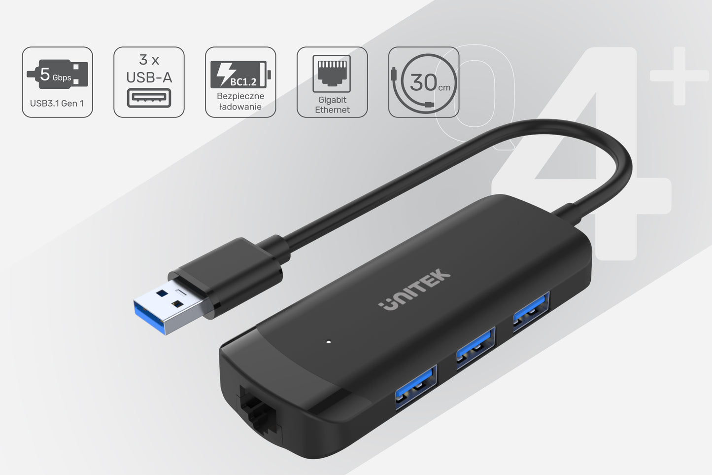 UNITEK H1111A uHUB Q4+ 4-in-1 Powered USB 3.0 Ethernet HuB