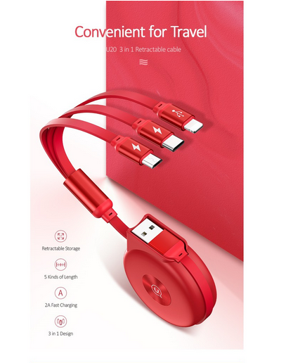 USAMS 3in1 Fast Charging Retractable Cable for Iphone/Micro USB