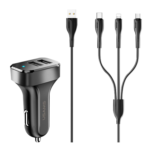 Usams Travel Car Charger Kit King Tu Series (U35 3IN1 Charging Cable 1M Black +C13 2.1A Dual USB Car Charger Black ) USAMS-NT