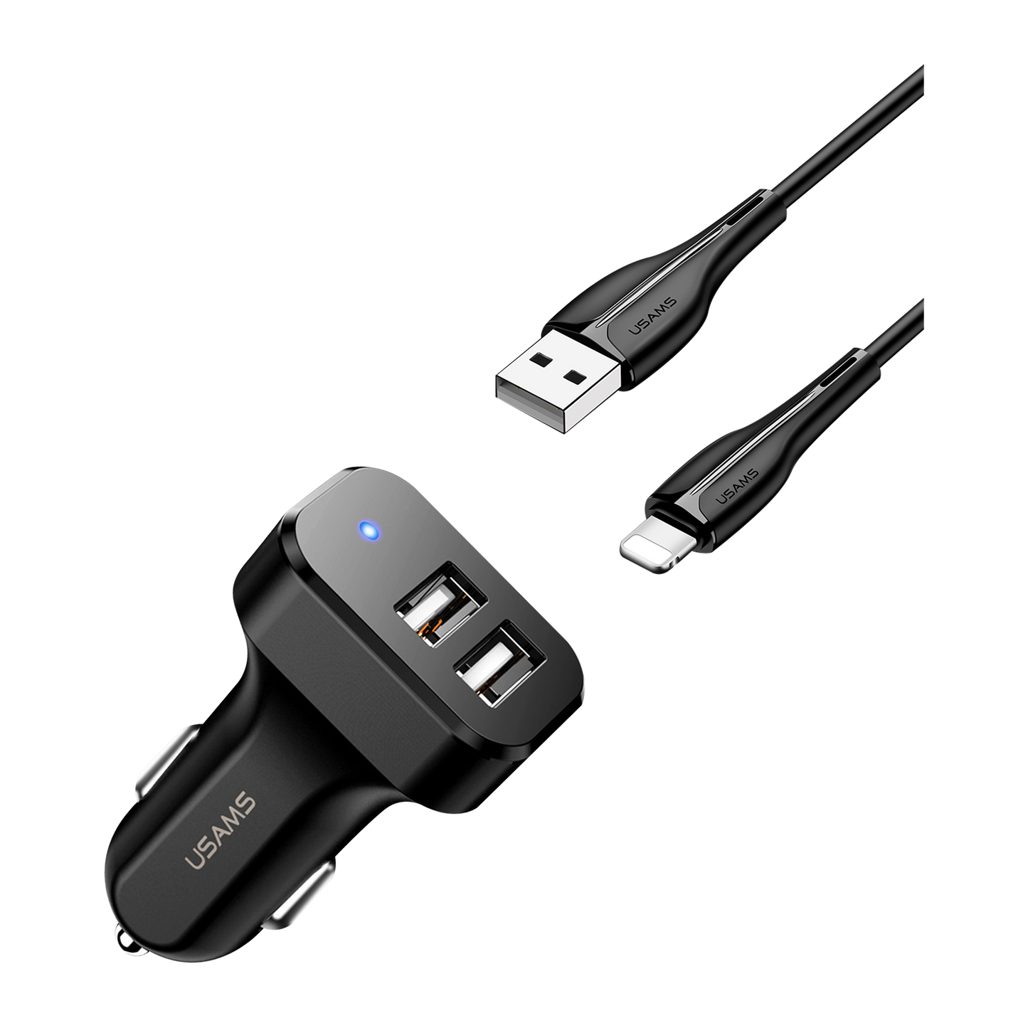 Usams Travel Car Charger Kit King Tu Series (U35 lightning Data and Charging Cable 1M Black+ C13 2.1A Dual USB Car Charger Black) USAMS-NT