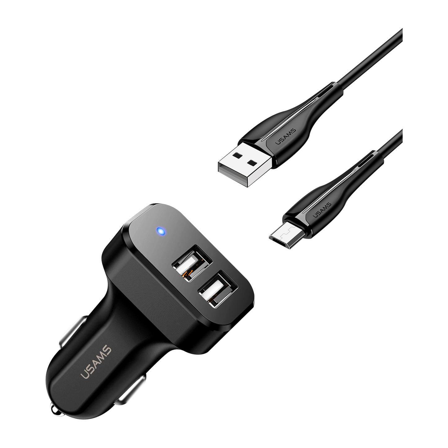 Usams Travel Car Charger Kit King Tu Series (U35 Micro Data and Charging Cable 1M Black+ C13 2.1A Dual USB Car Charger Black) USAMS-NT