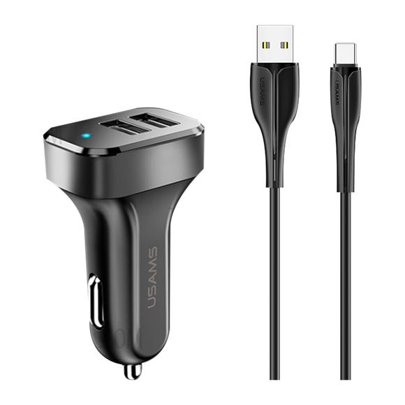 Usams Travel Car Charger Kit King Tu Series (U35 Type-C Data and Charging Cable 1M Black+ C13 2.1A Dual USB Car Charger Black) USAMS-NT